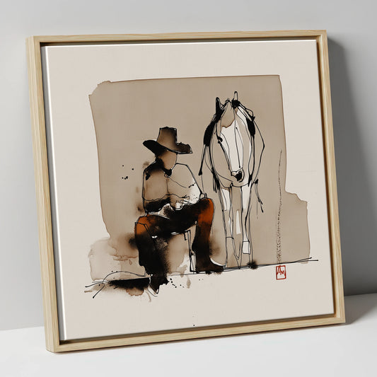 Sitting Cowboy and Western Horse western horse canvas wall art in natural frame