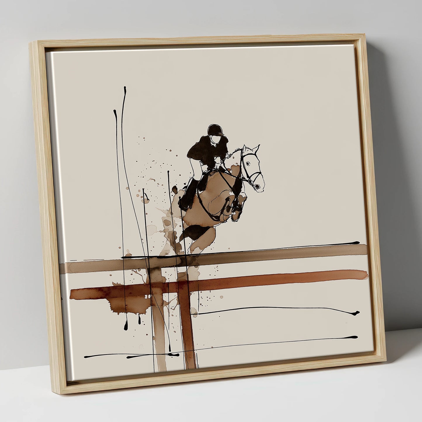 Fluidity of Flight show jumping horse canvas wall art in natural frame