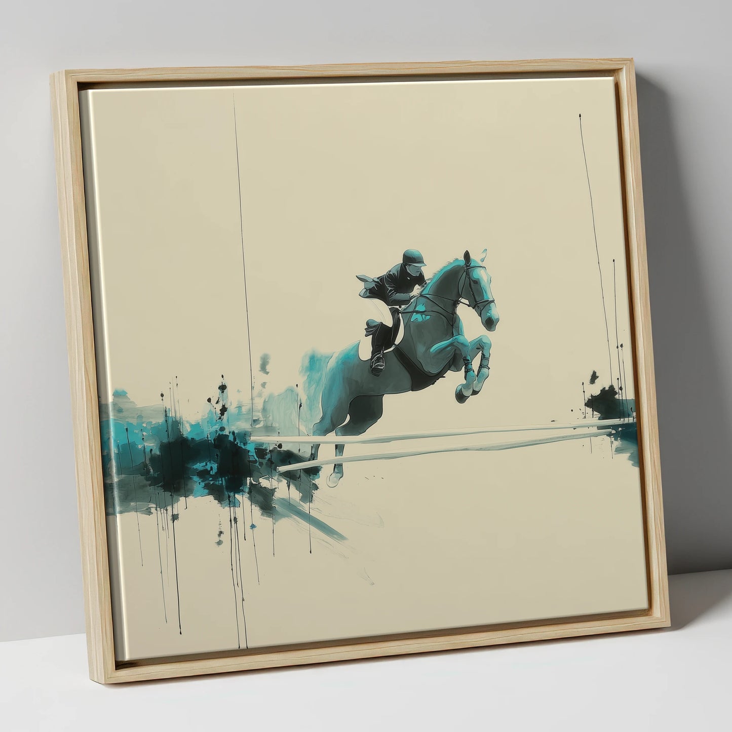 Airborne in Teal show jumping horse canvas wall art in natural frame