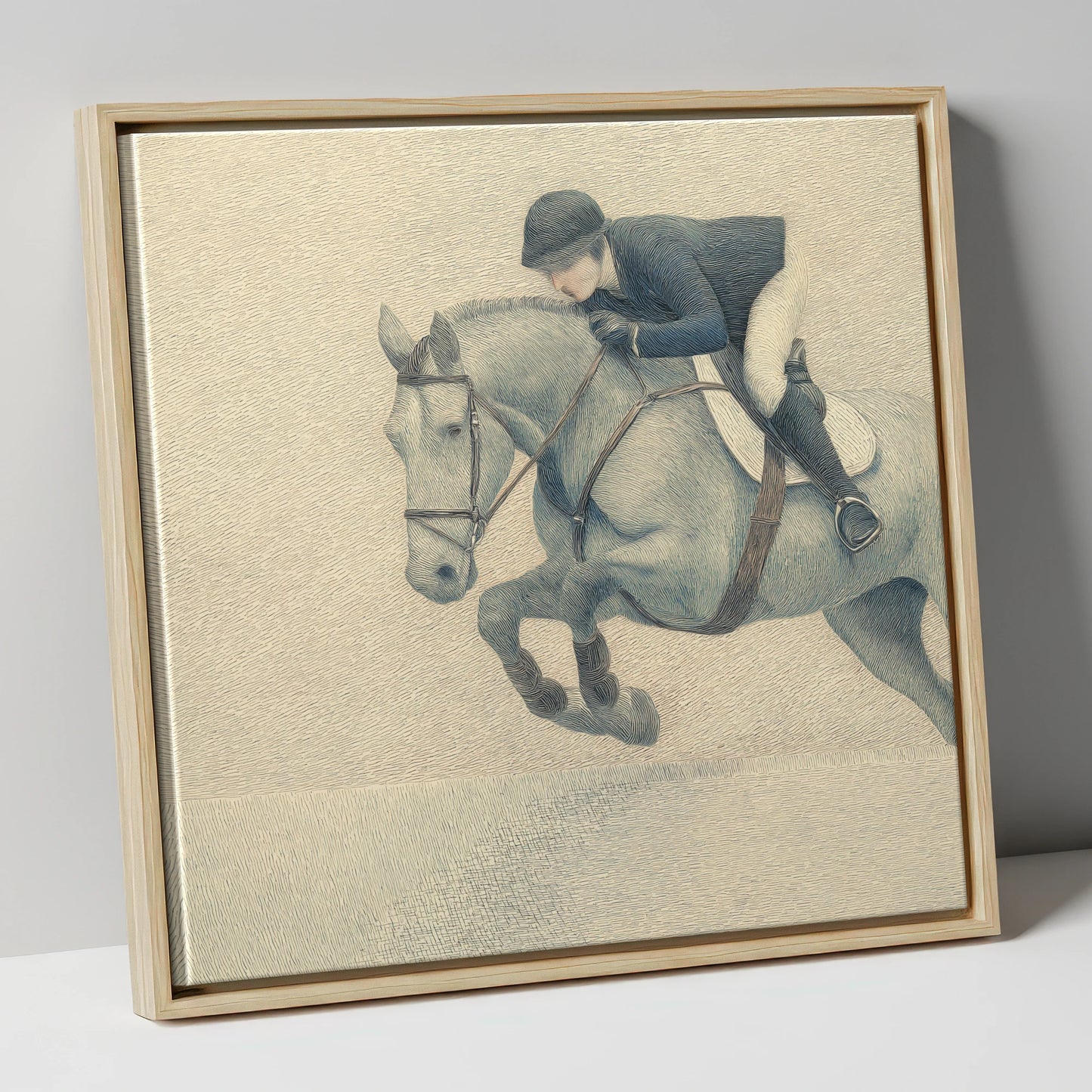 Suspended Flight show jumping horse canvas wall art in natural frame
