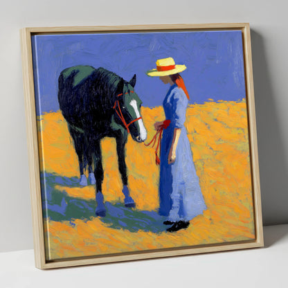 Golden Field Encounter horse & rider canvas wall art in natural frame