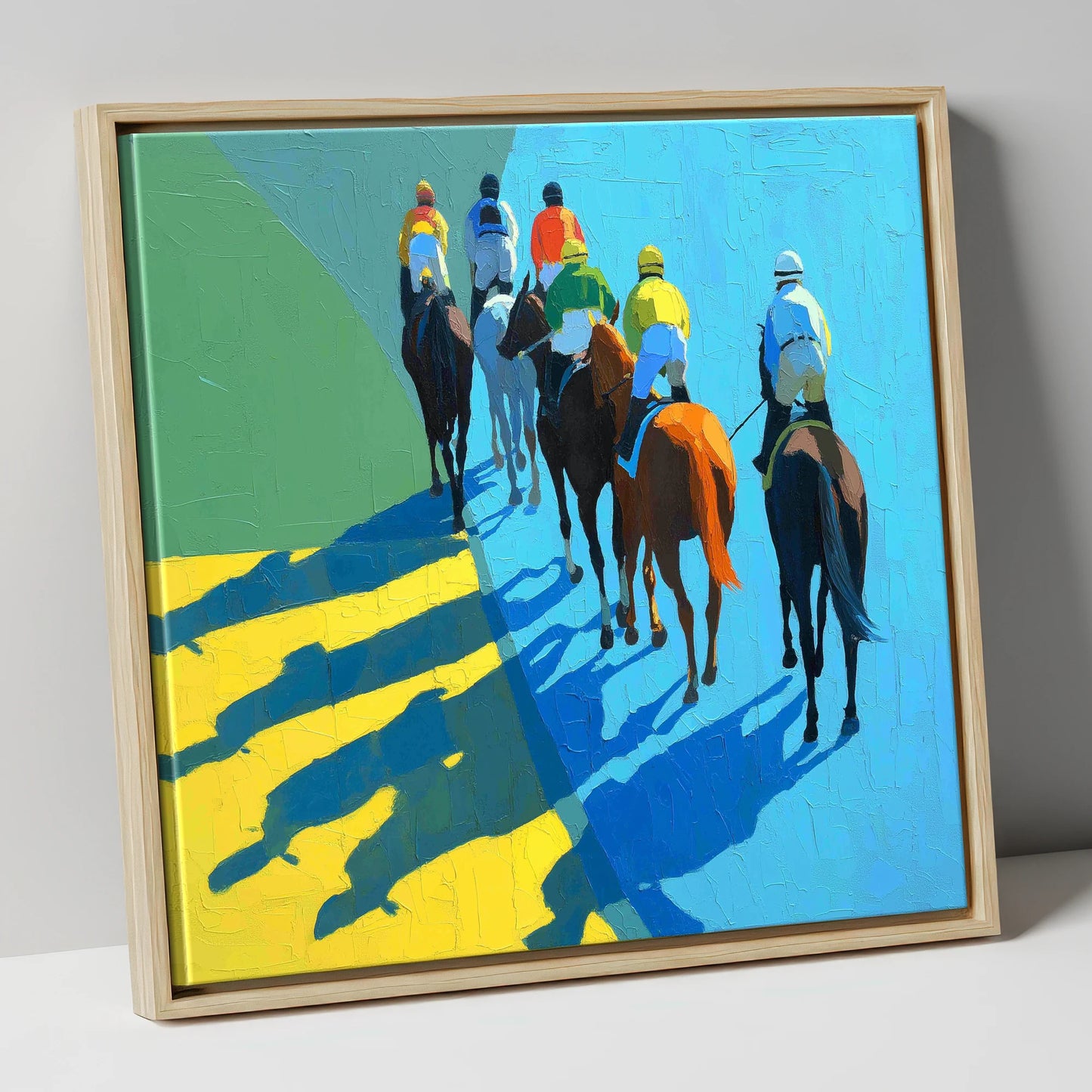 Bright Silks Long Shadows racing horse canvas wall art in natural frame