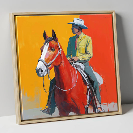 Vivid Horizon Rider western horse canvas wall art in natural frame