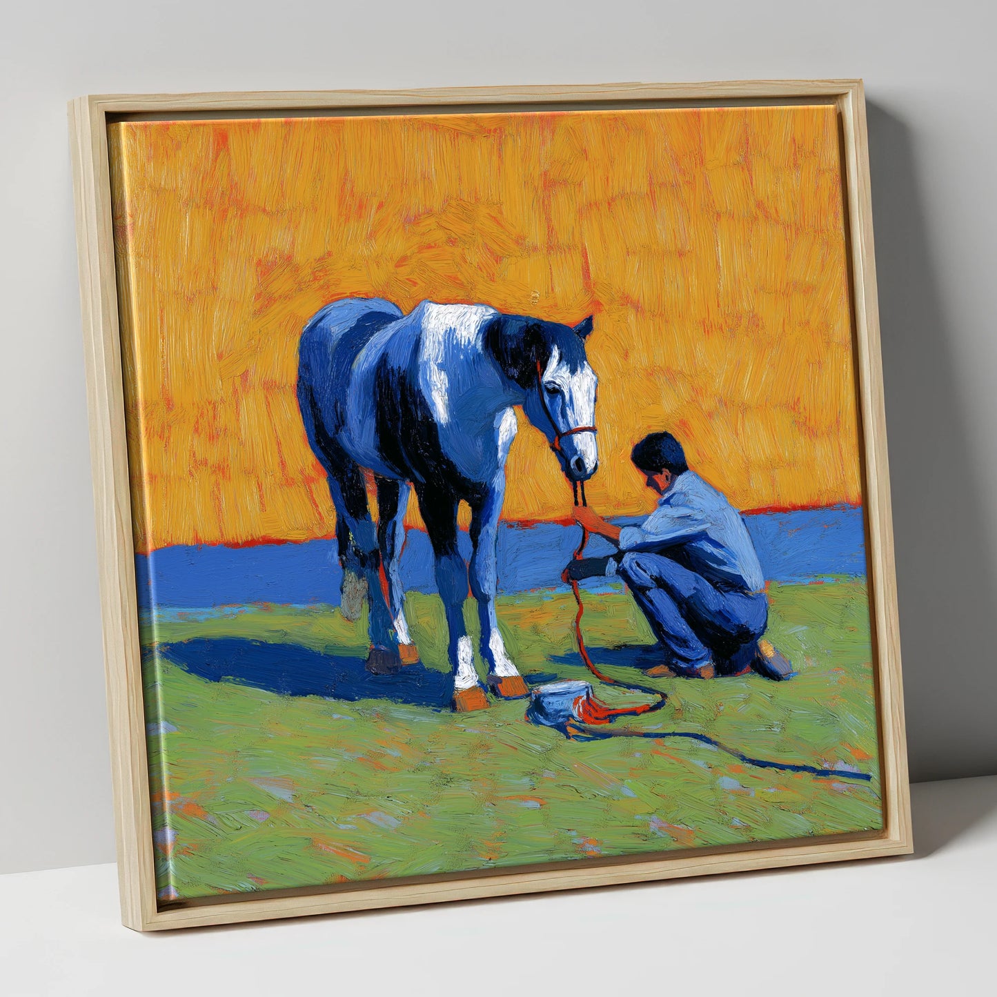 Sun-Drenched Connection horse & rider canvas wall art in natural frame