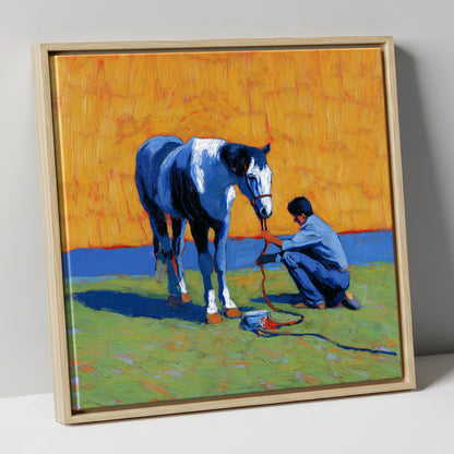 Sun-Drenched Connection horse & rider canvas wall art in natural frame