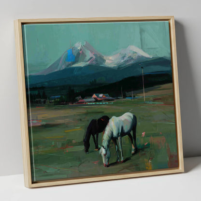 Companions Beneath the Peak horse landscape canvas wall art in natural frame