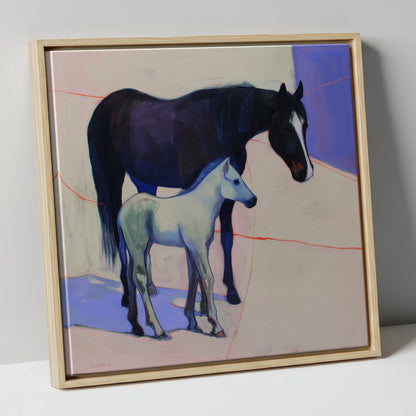 Indigo Shadows mare & foal canvas wall art in natural frame