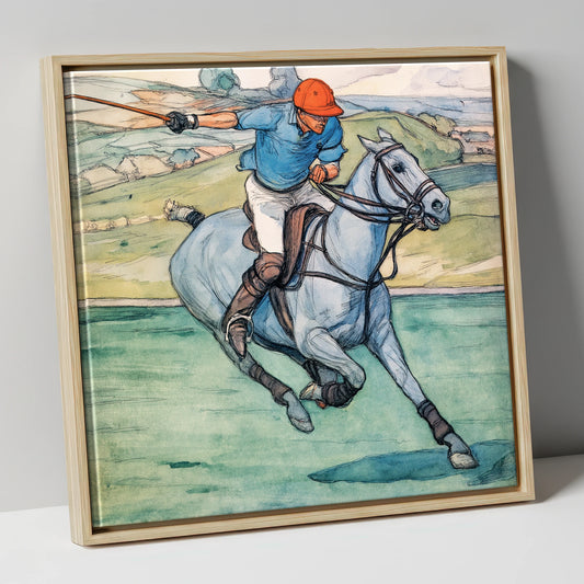 The Nearside Shot polo horse canvas wall art in natural frame