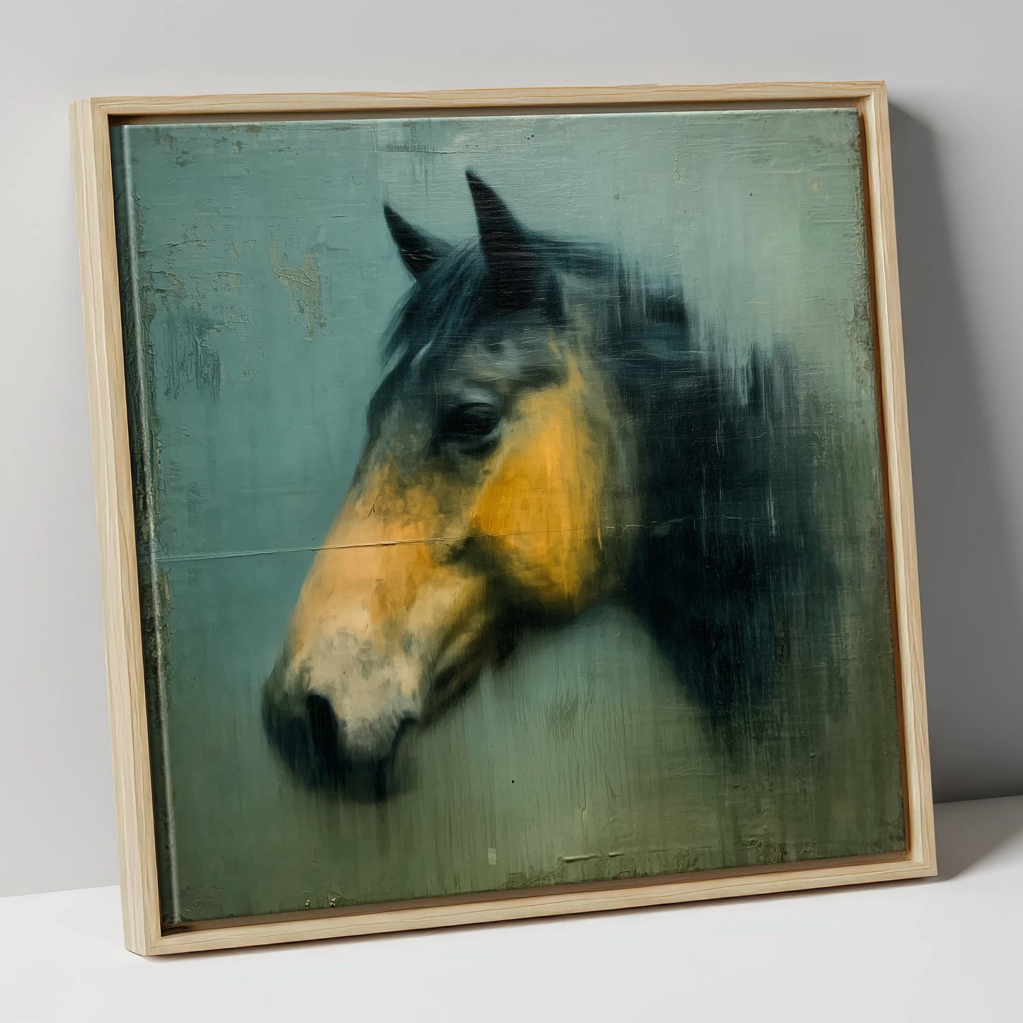 Teal and Ochre Profile horse portrait canvas wall art in natural frame