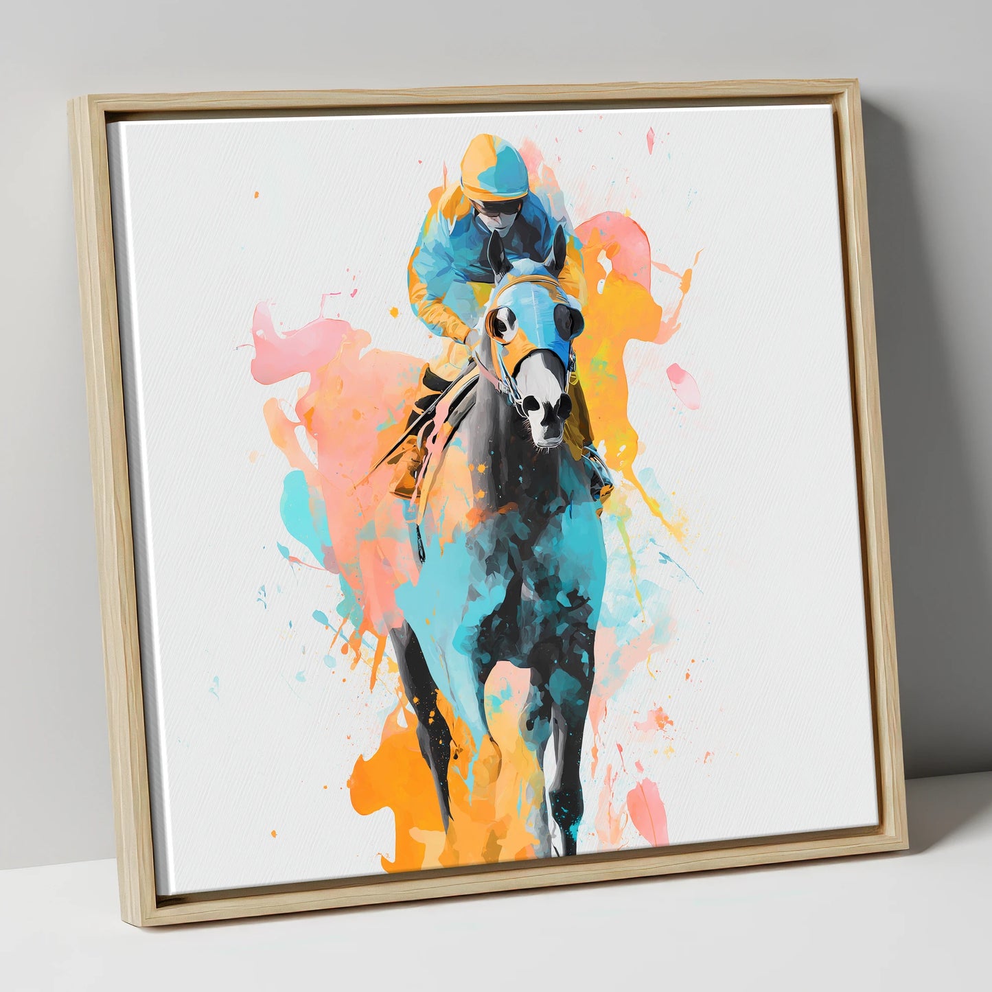 Vibrant Front Runner racing horse canvas wall art in natural frame