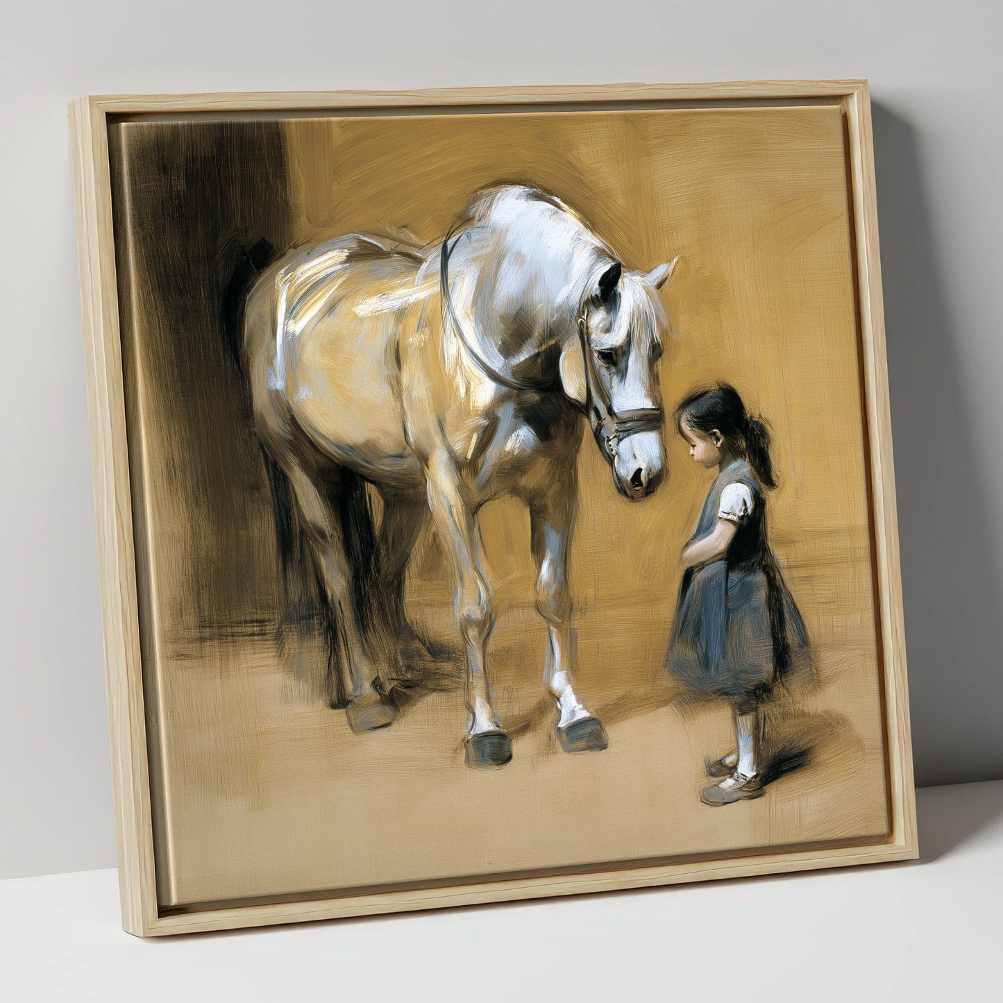 A Quiet Greeting horse & rider canvas wall art in natural frame