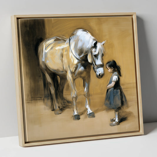 A Quiet Greeting horse & rider canvas wall art in natural frame