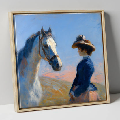 The Golden Gaze horse & rider canvas wall art in natural frame
