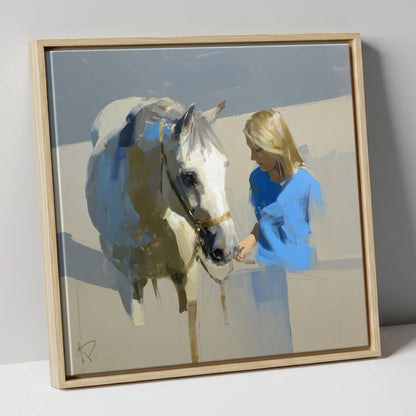 Quiet Connection horse & rider canvas wall art in natural frame