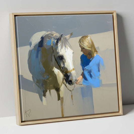Quiet Connection horse & rider canvas wall art in natural frame