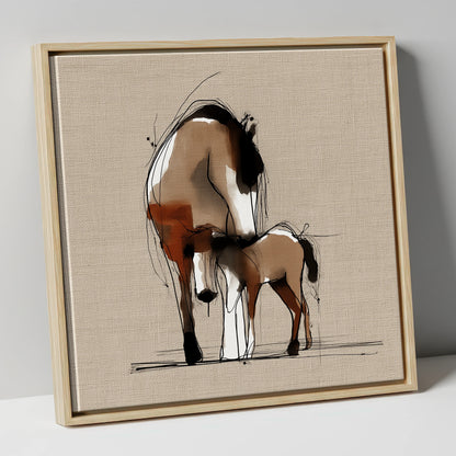 Tender Sepia Bond mare & foal canvas wall art in natural frame