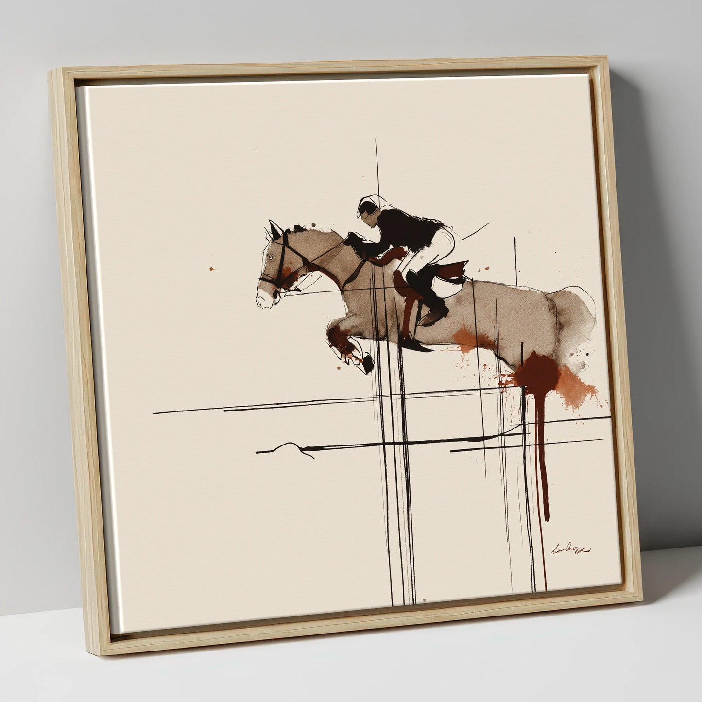 Precision and Flight show jumping horse canvas wall art in natural frame