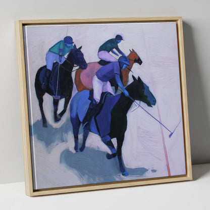 Midnight Pursuit on the Field polo horse canvas wall art in natural frame
