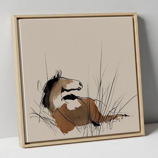 Alert in the Grass horse portrait canvas wall art in natural frame