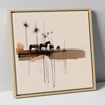 Silent Gathering at Dusk wild horses canvas wall art in natural frame