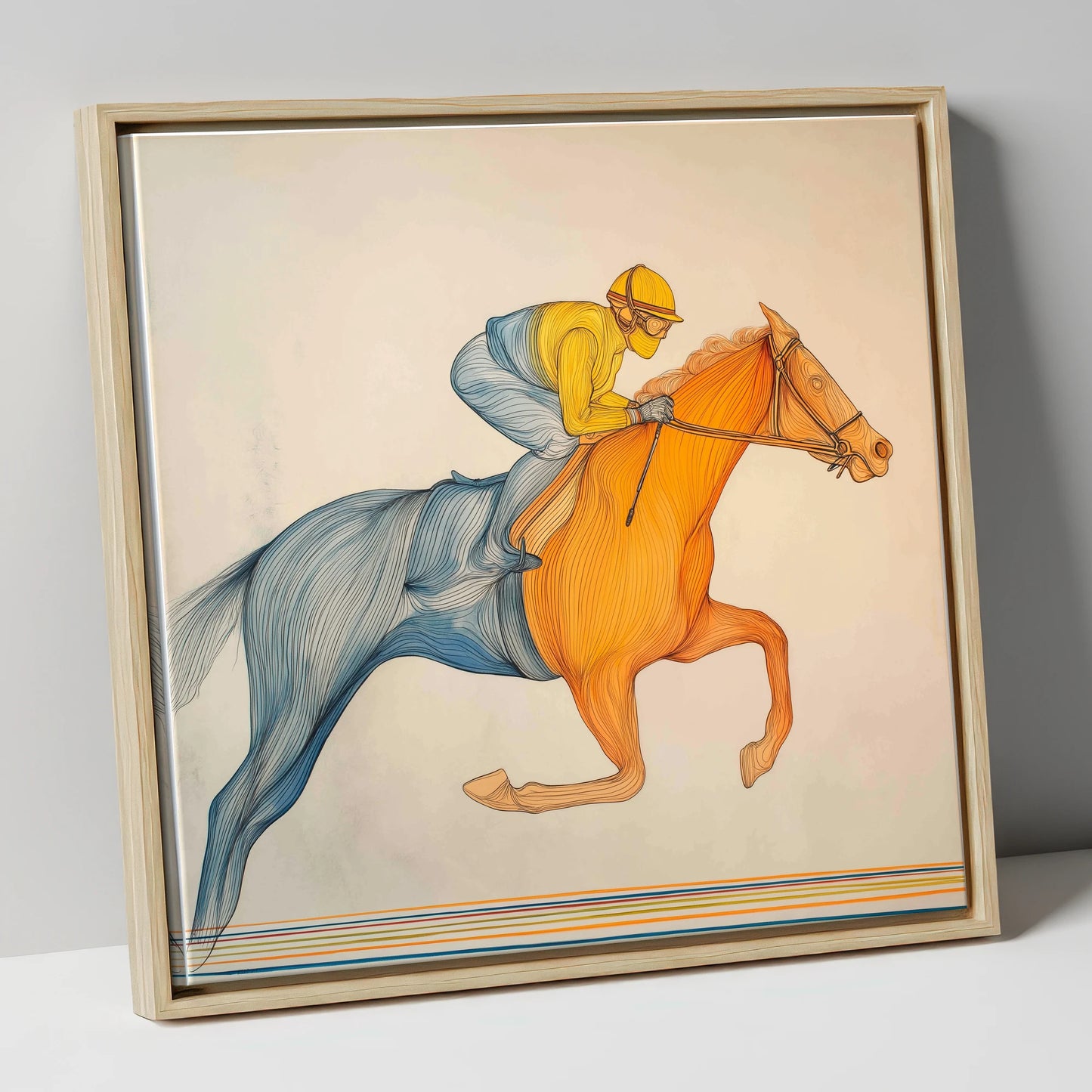 The Fluid Stride racing horse canvas wall art in natural frame