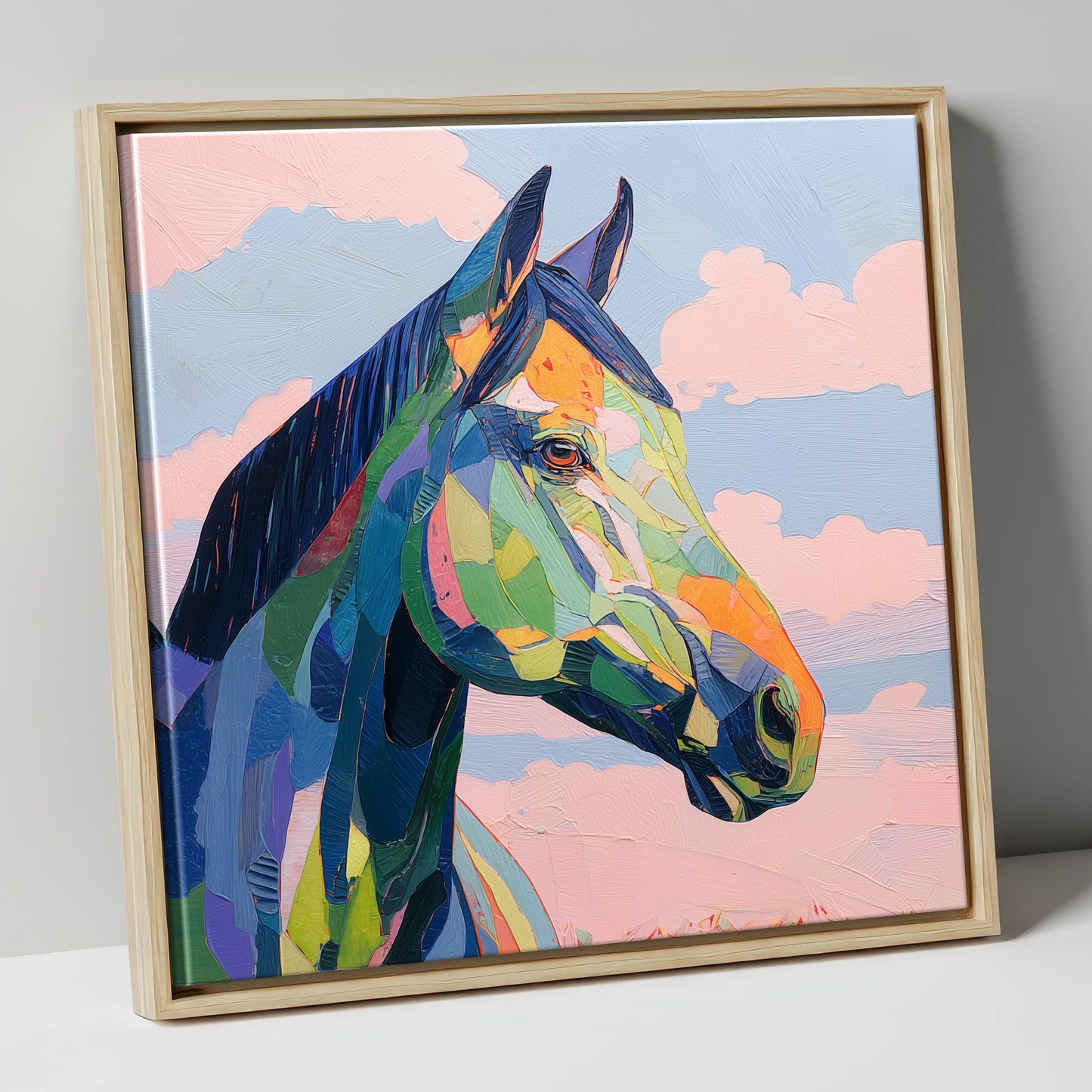 Prismatic Equine Spirit horse portrait canvas wall art in natural frame