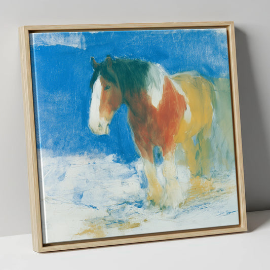Cerulean Coloured Cob horse breed canvas wall art in natural frame