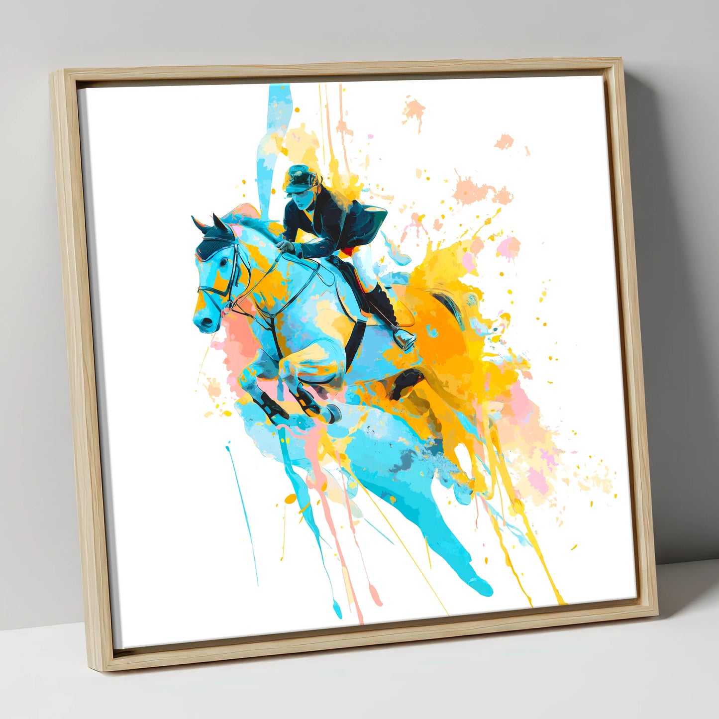 Airborne In Colour show jumping horse canvas wall art in natural frame