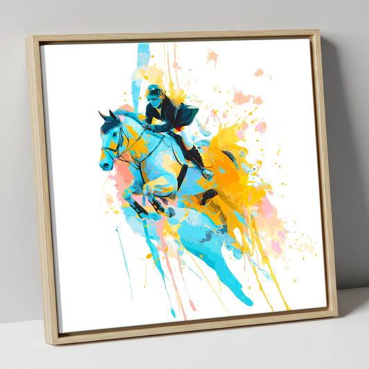 Airborne In Colour show jumping horse canvas wall art in natural frame