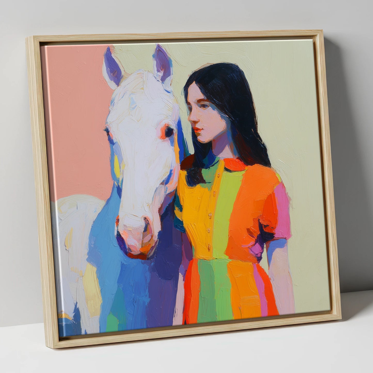 Vibrant Harmony horse & rider canvas wall art in natural frame