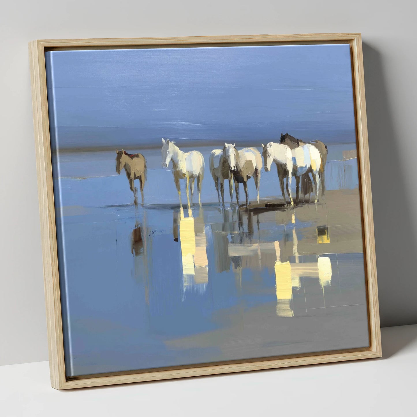 Reflections in Blue wild horses canvas wall art in natural frame