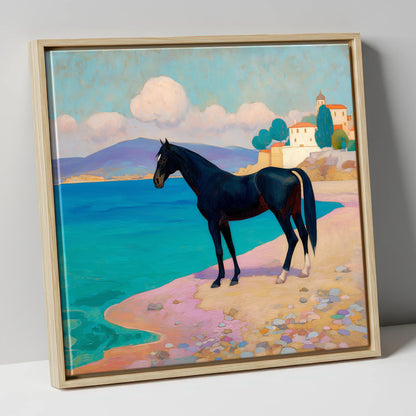 Midnight on the Riviera horse landscape canvas wall art in natural frame