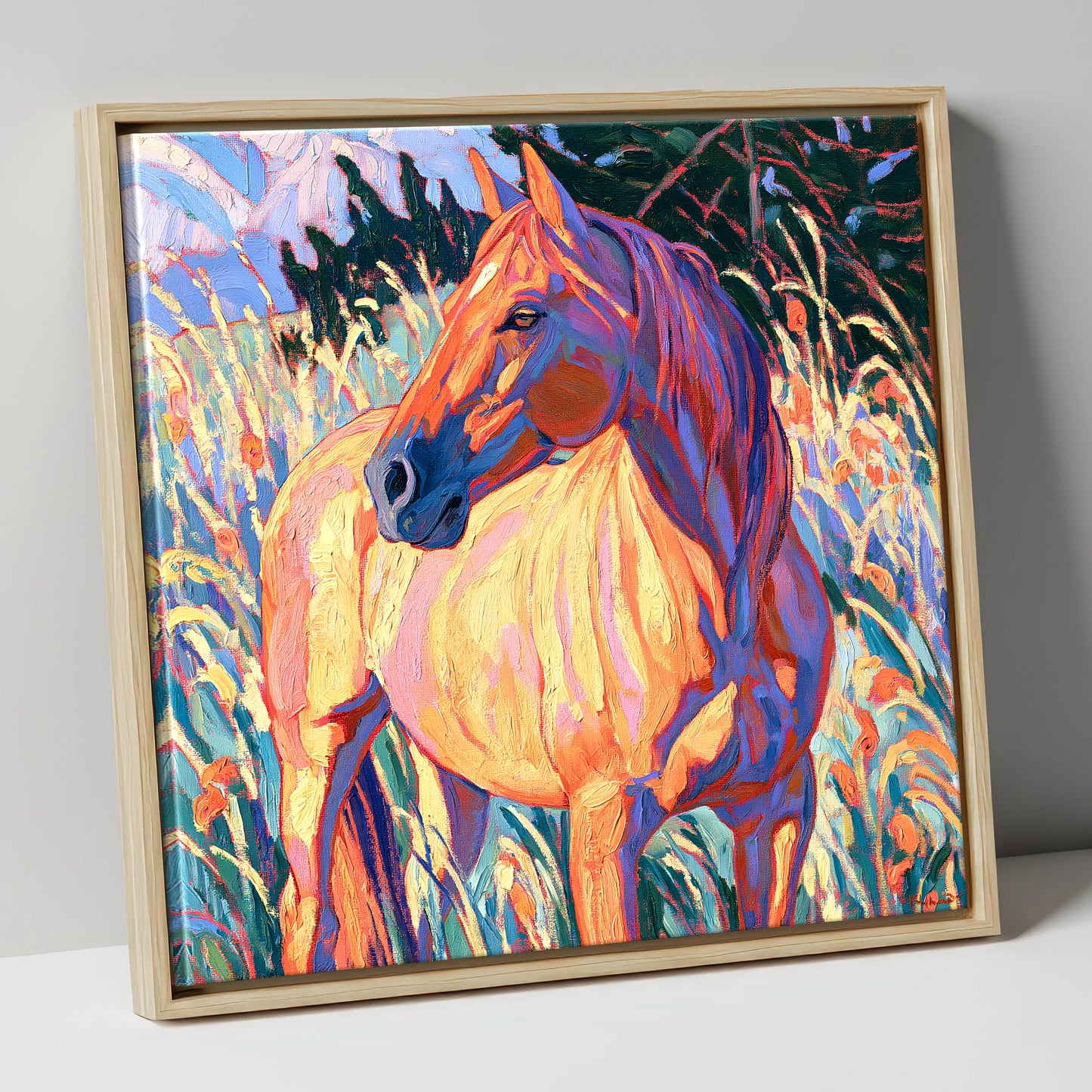 Vibrant Horse in Tall Grass horse breed canvas wall art in natural frame