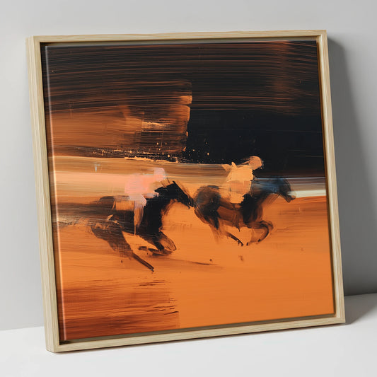 Amber Pursuit racing horse canvas wall art in natural frame