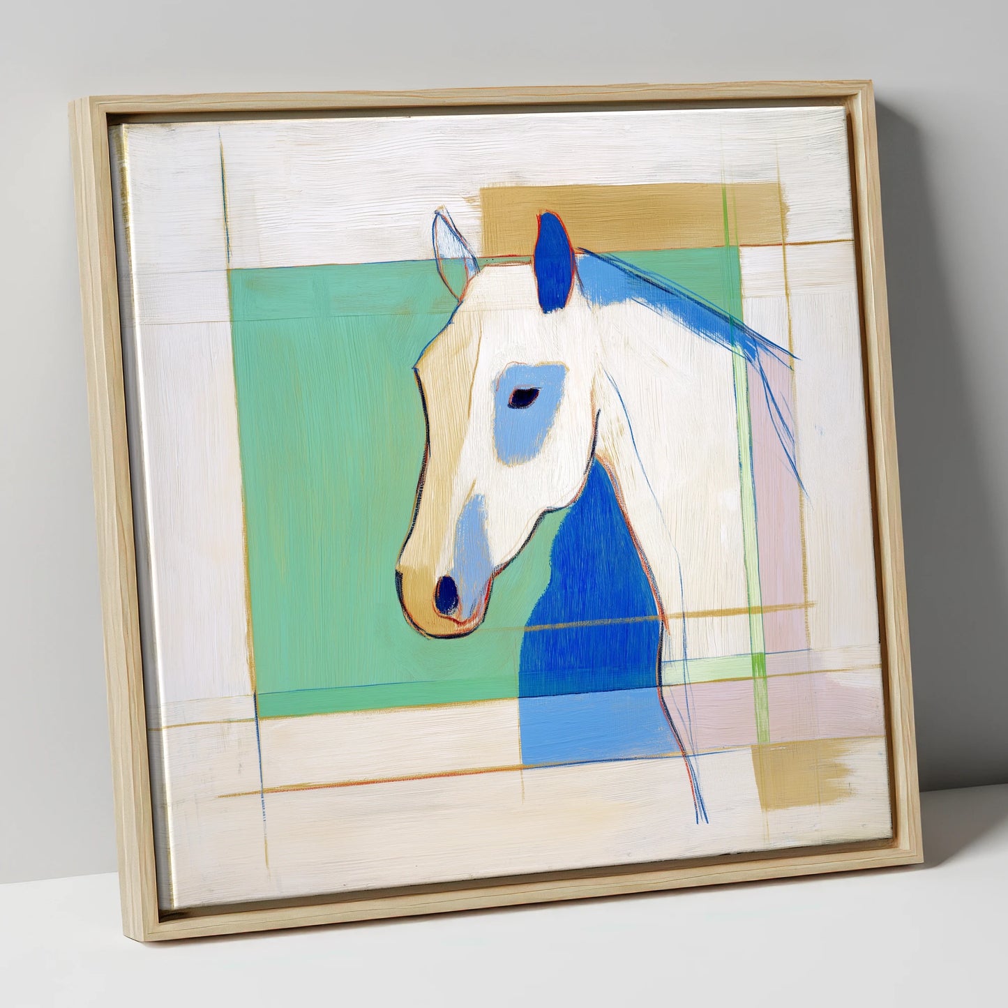 Geometric Azure Equine horse portrait canvas wall art in natural frame