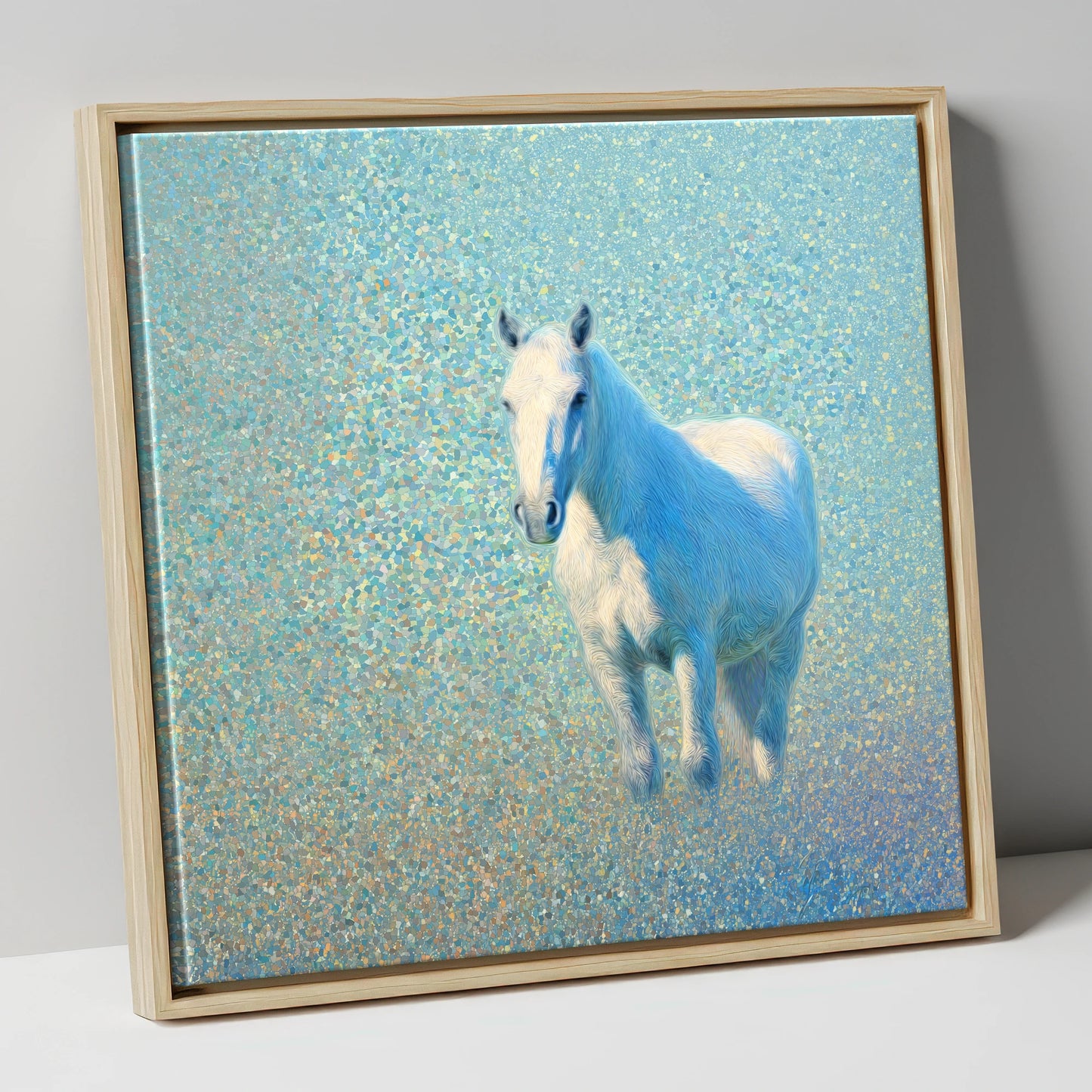 Luminous Azure Grey horse portrait canvas wall art in natural frame