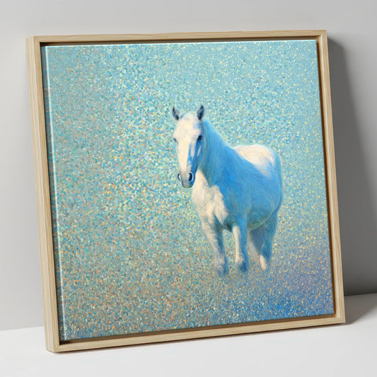 Luminous Azure Grey horse portrait canvas wall art in natural frame