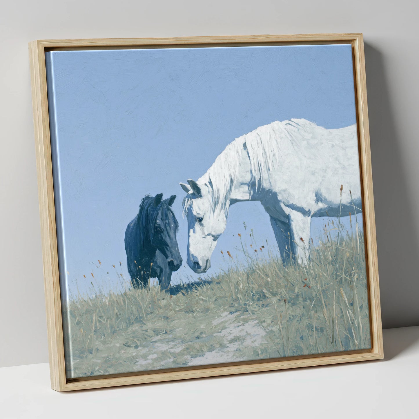Quiet Connection horse portrait canvas wall art in natural frame