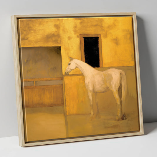Ochre and Cream horse stable canvas wall art in natural frame