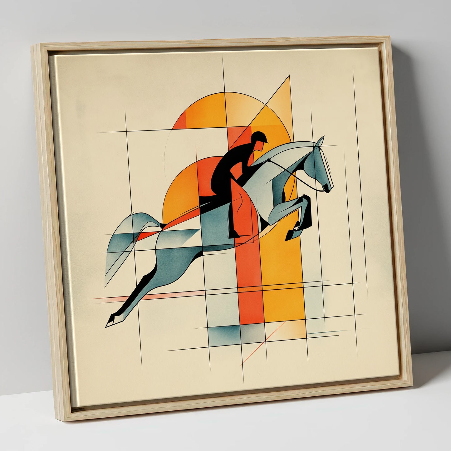 Precision in Flight show jumping horse canvas wall art in natural frame