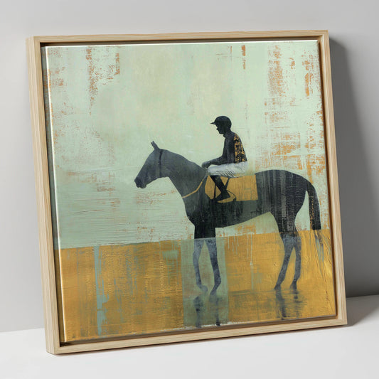 Golden Turf Reflections racing horse canvas wall art in natural frame
