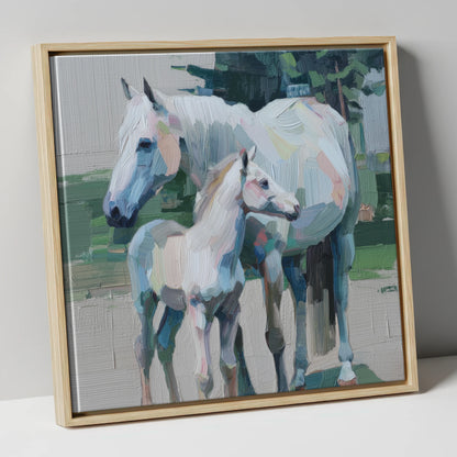 Textured Pastel Bond mare & foal canvas wall art in natural frame