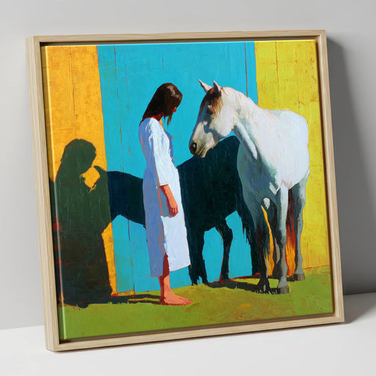 Sunlit Shadows horse & rider canvas wall art in natural frame