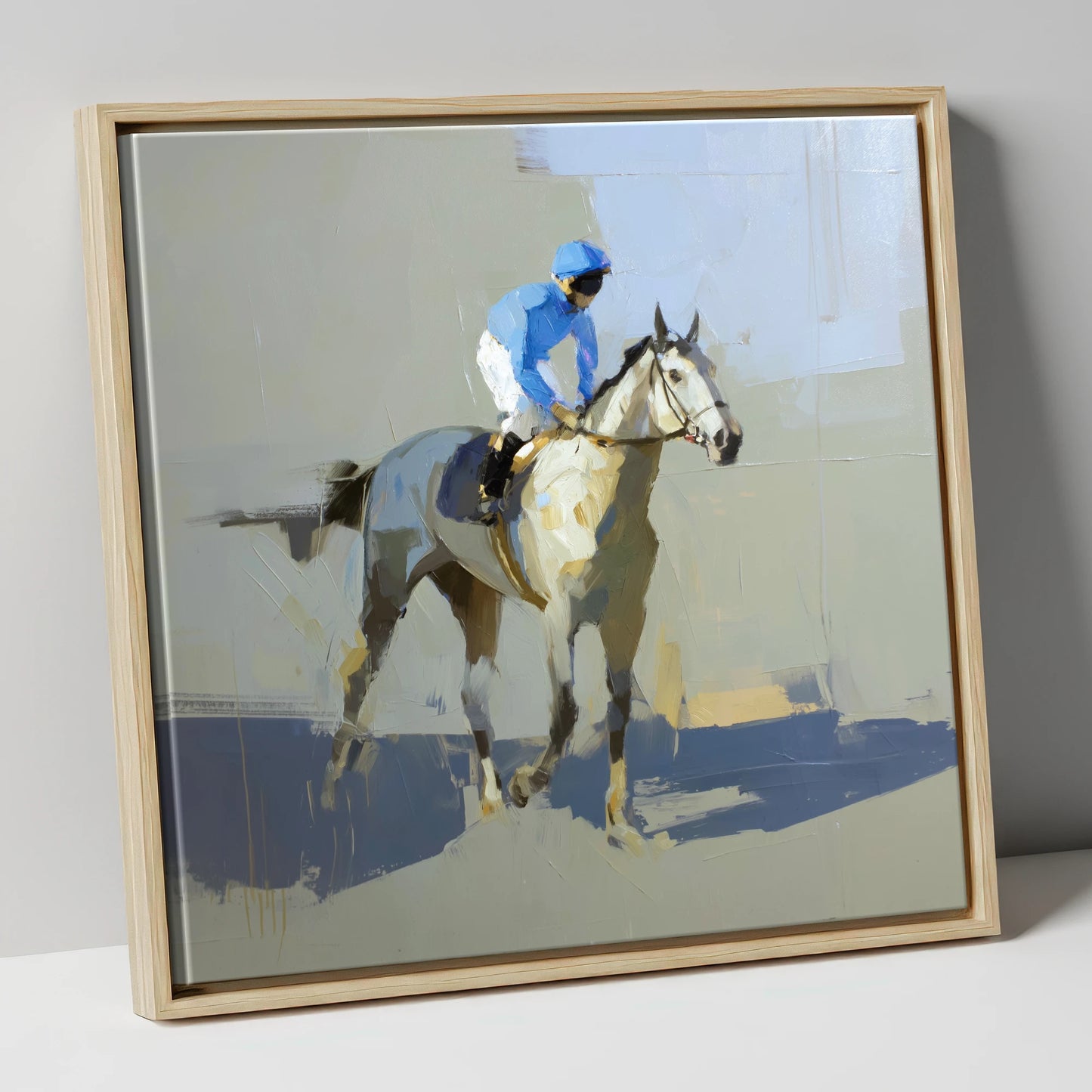 Blue Silks and Shadows racing horse canvas wall art in natural frame