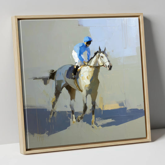 Blue Silks and Shadows racing horse canvas wall art in natural frame
