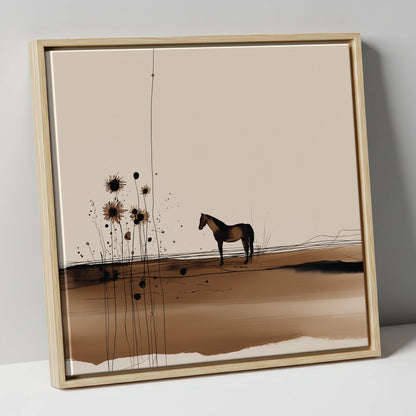 Stillness in Sepia horse landscape canvas wall art in natural frame