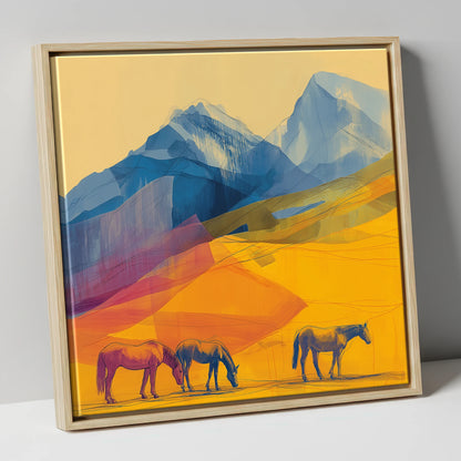 Golden Mountain Pasture horse landscape canvas wall art in natural frame