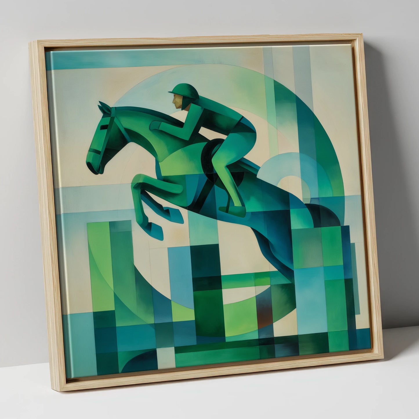 Emerald Ascent show jumping horse canvas wall art in natural frame