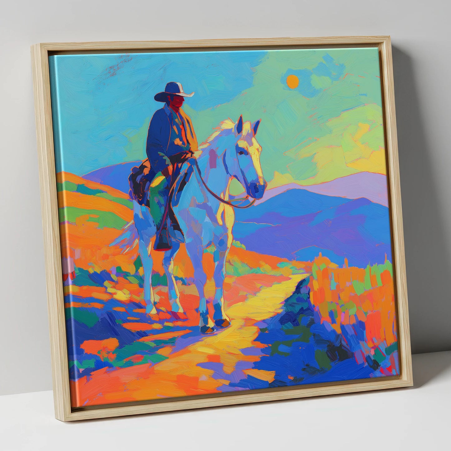 Painted Western Sun western horse canvas wall art in natural frame