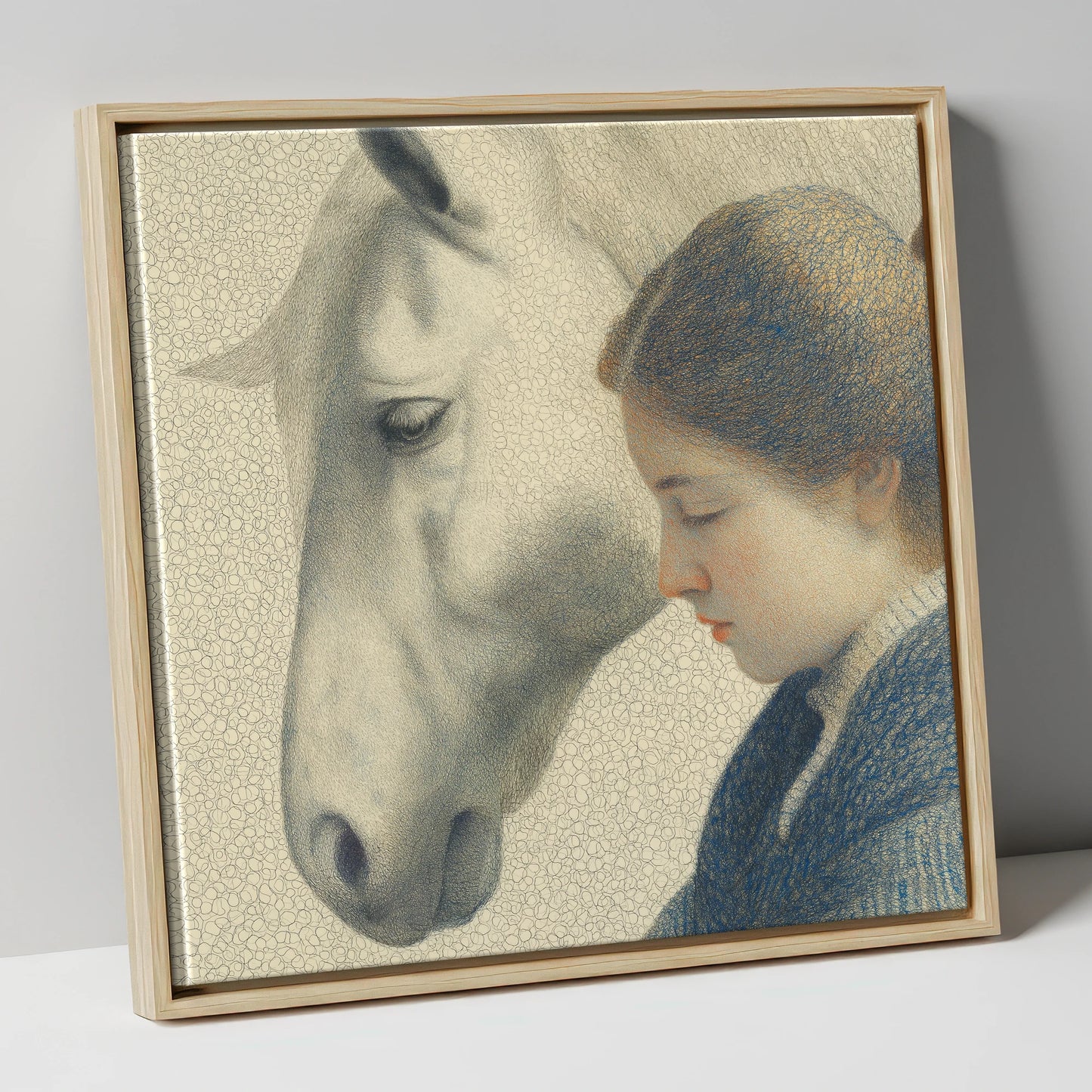 Gentle Reflections horse & rider canvas wall art in natural frame